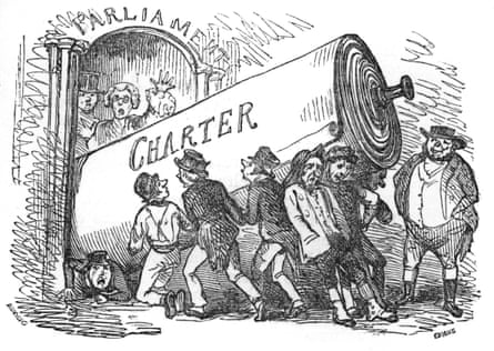 Cartoon of the Chartists carrying a huge scroll into parliament, circa 1834
