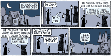 A spooky shadowy cartoon showing a child being taken from his home but it turns out he is going to be a writer so it’s fine.