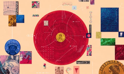 abstract illustration featuring shapes decorated with historical images including paintings, coins, maps and scientific symbols