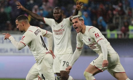 Ismaël Bennacer leads the Milan celebrations after his superb goal at Cagliari kept them cleear at the top of Serie A