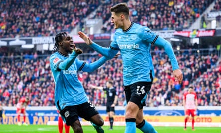 Patrik Schick celebrates scoring Bayer Leverkusen’s third goal in victory over Freiburg