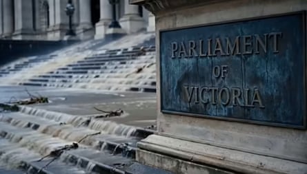 Water gushes down the parliament steps
