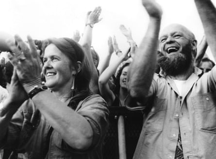 Jean and Michael Eavis cheer from the Pyramid stage, 1992.