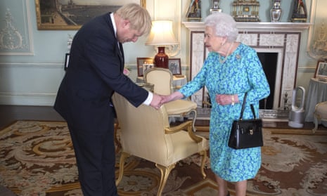 Queen Receives Outgoing and Incoming Prime Ministers<br>LONDON, ENGLAND - JULY 24: Queen Elizabeth II welcomes newly elected leader of the Conservative party, Boris Johnson during an audience where she invited him to become Prime Minister and form a new government in Buckingham Palace on July 24, 2019 in London, England. The British monarch remains politically neutral and the incoming Prime Minister visits the Palace to satisfy the Queen that they can form her government by being able to command a majority, holding the greater number of seats, in Parliament. Then the Court Circular records that a new Prime Minister has been appointed.  (Photo by Victoria Jones - WPA Pool/Getty Images)