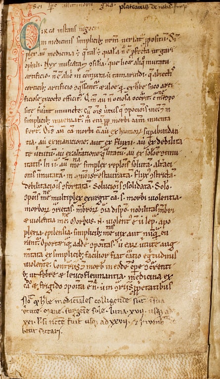 Page of a book showing old-fashioned manuscript on yellowing parchment.