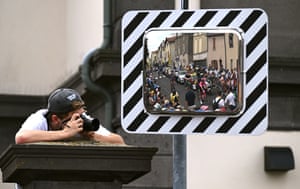 Stage 10, Ennezat to Le Mont-Dore Puy de Sancy The peloton is reflected in a mirror.