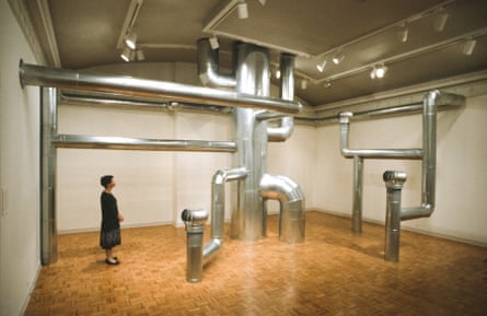 The indoor section of Nancy Holt’s Ventilation 4, a series of steel ducts, turbine ventilators and fans
