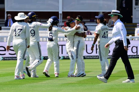 Deepti Sharma celebrates taking the wicket of Lauren Bell.