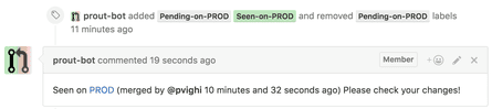 Prout reports when a merged pull request is seen in production