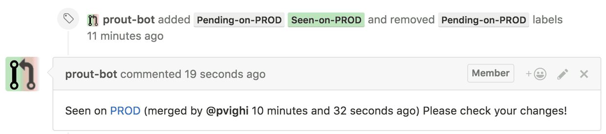 Prout reports when a merged pull request is seen in production