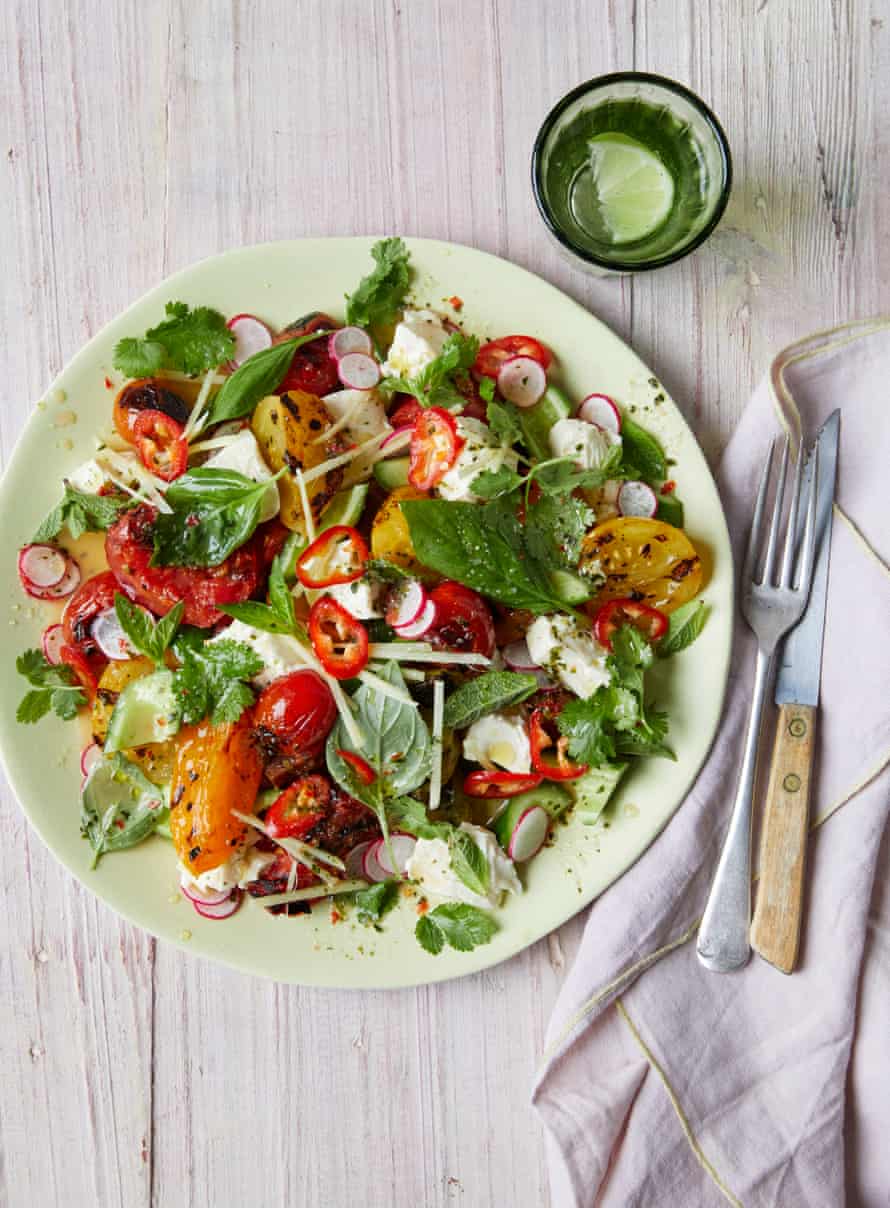 Ravinder Bhogal’s grilled heirloom tomato salad with silken tofu and lime leaf dressing.