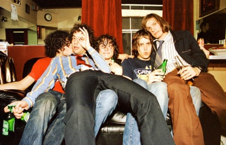 The Strokes backstage at the Fillmore, San Francisco, in October 2001
