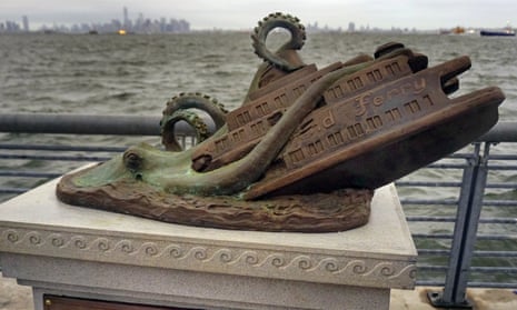 A cast-bronze faux monument by the artist Joseph Reginella, dedicated to the memory of the victims of the steam ferry Cornelius G Kolff, is shown in the Staten Island borough of New York. 