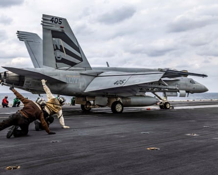 F/A-18E Super Hornet launching from the flight deck of the USS Abraham Lincoln in the Arabian Sea, 28 January 2026.