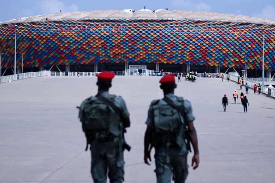 Cameroonian soldiers patrol the entrance of the Olembe stadium in Yaounde this week, two days before the start of the Africa Cup of Nations (CAN).