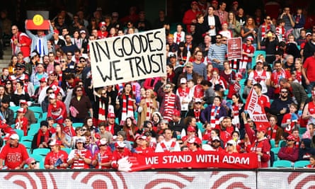 Swans fans display banners in support of Adam Goodes at the Sydney Cricket Ground