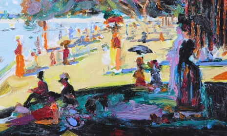 a painting of people standing on the shore of a lake