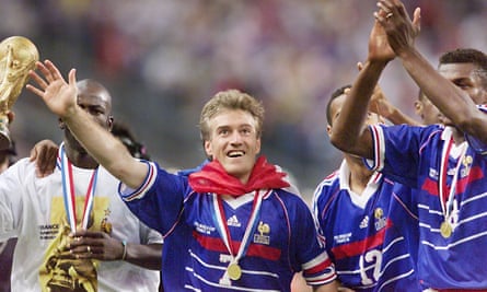 Didier Deschamps, the captain, leads the celebrations after France win the World Cup in 1998.