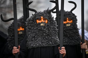 Sofia, Bulgaria: Dancers known as kukeri perform during the international festival of masquerade games
