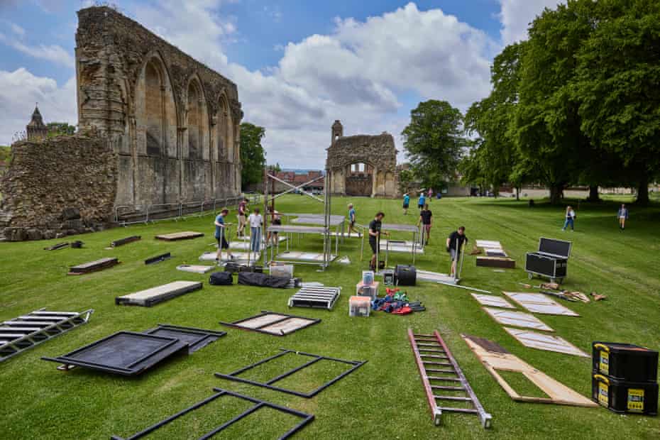 The ‘Get-in’ at Glastonbury Abbey in Somerset. Each day the actors arrive at their new venue at 1pm and spend roughly 2 hours setting up the entire stage and backstage area.