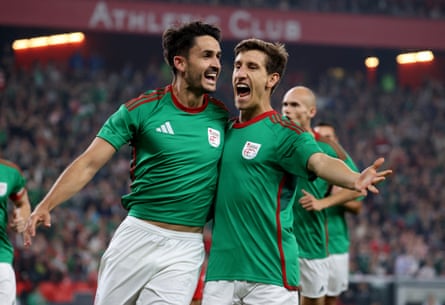 Unai Elgezabal (left) celebrates scoring the opening goal for the Basque Country.