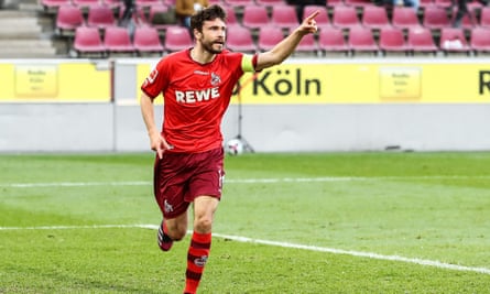Köln’s Jonas Hector celebrates his first goal against RB Leipzig.