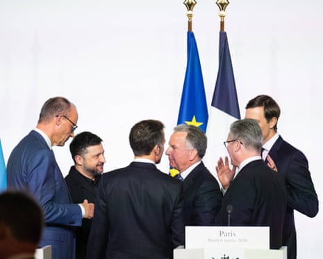 European leaders chat with US peace envoy Steve Witkoff and the president’s son-in-law Jared Kushner after a press conference on Ukraine in Paris, France.