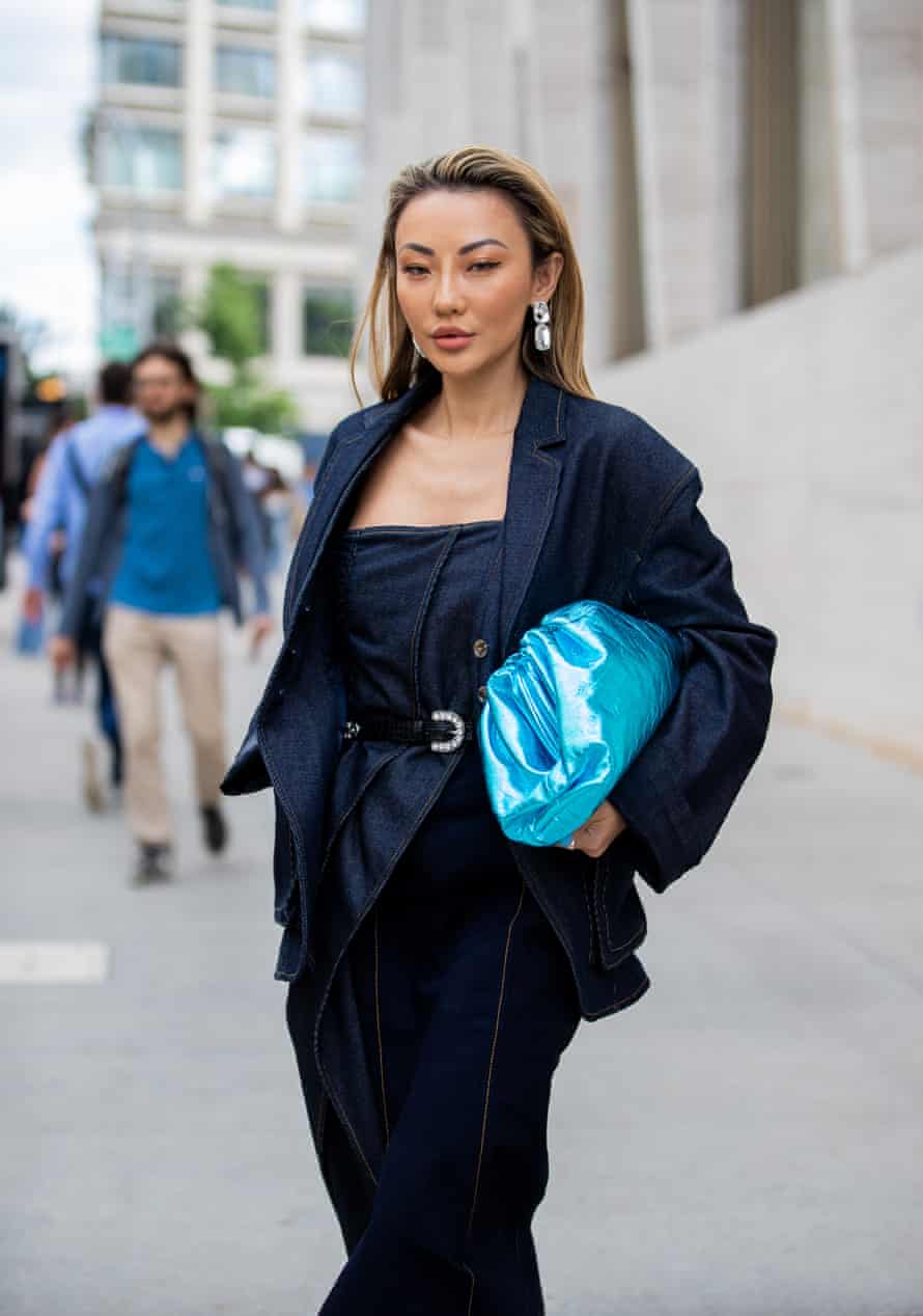 Influencer Jessica Wang with the pouch bag at New York fashion week in 2019.