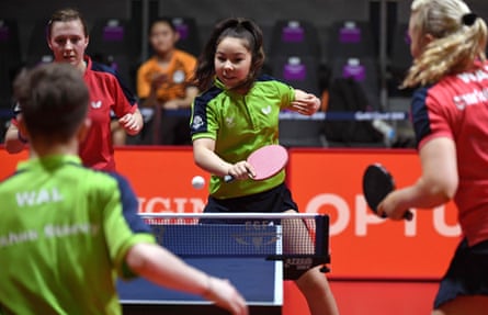 Eleven-year-old table tennis player Anna Hursey of Wales, centre, hits a return during training ahead of the 2018 Gold Coast Commonwealth Games.