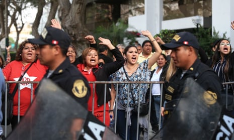 People protest in Lima against the former president Alan García’s request for asylum in Uruguay.