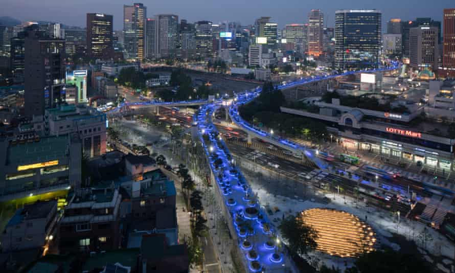 The Skygarden lit up at night on opening day.