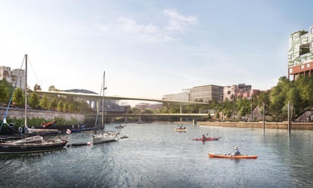 An architect’s image of Sunderland’s riverside regeneration project, showing boats and a bridge.