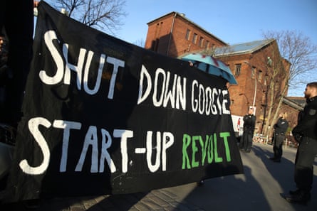 A banner protest against Google’s plans to open a campus in the Kreuzberg area of Berlin. Photograph: Sean Gallup/Getty Images