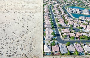 Indio, US. An aerial view of homes next to undeveloped desert in California. According to the U.S. Drought Monitor, more than 97% of the Californian state’s land area is in at least severe drought status, with nearly 60% in at least extreme drought