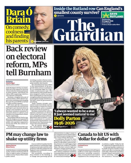 Front page of the Guardian 26 August 2026