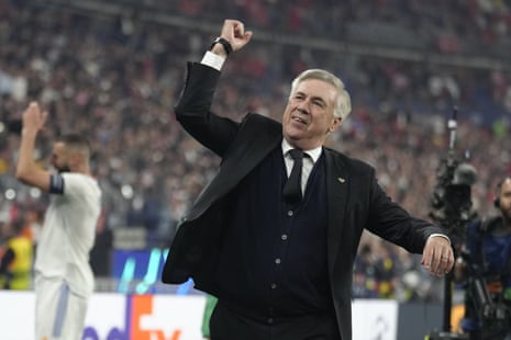 Real Madrid manager Carlo Ancelotti celebrates winning the Champions League final.