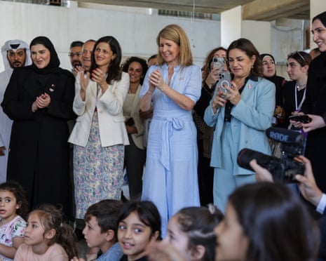 Britain's minister of state for International Development Jenny Chapman, French minister delegate for Francophone, International Partnerships and French Nationals Abroad Eleonore Caroit, Qatari minister of state for International cooperation Mariam bint Ali bin Nasser Al-Misnad and Lebanese minister of social affairs Haneen Al-Sayed visit a school-turned shelter for displaced people during a joint trip aimed at showing support for Lebanon’s stability and humanitarian response, in Beirut, Lebanon.