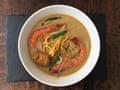 Norman Musa’s laksa. Norman Musa uses sweeter aromatics such as star anise and cinnamon along with the coriander seeds and turmeric.