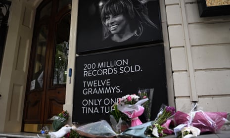 Floral tributes to the late US singer Tina Turner in London.