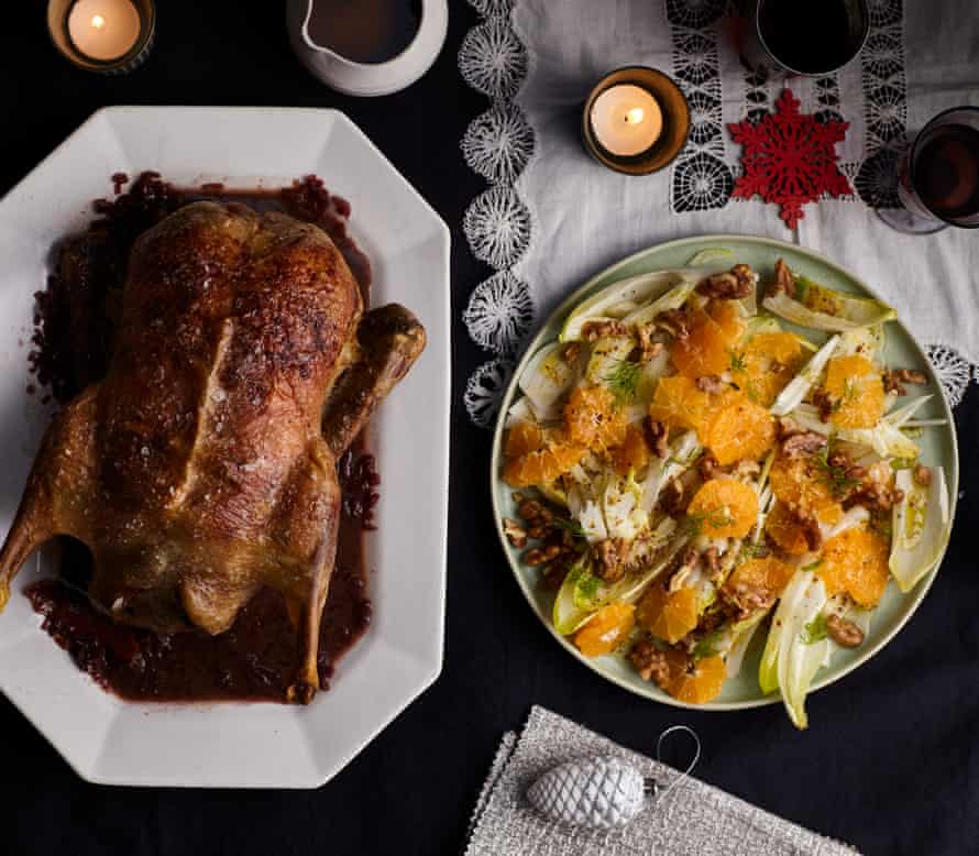 Signe Johansen's Norwegian-style feast with blow-dried duck roast with cherry sauce, a winter salad with clementines, fennel and candied walnuts and Jansson's temptation - potato, celeriac and rye crisp.