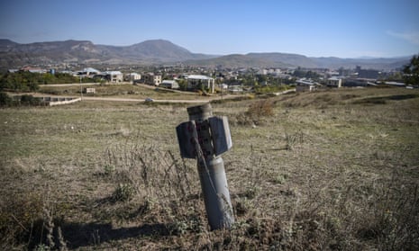 An unexploded rocket near Stepanakert in 2020, during the war between Armenia and Azerbaijan over Nagorno-Karabakh.