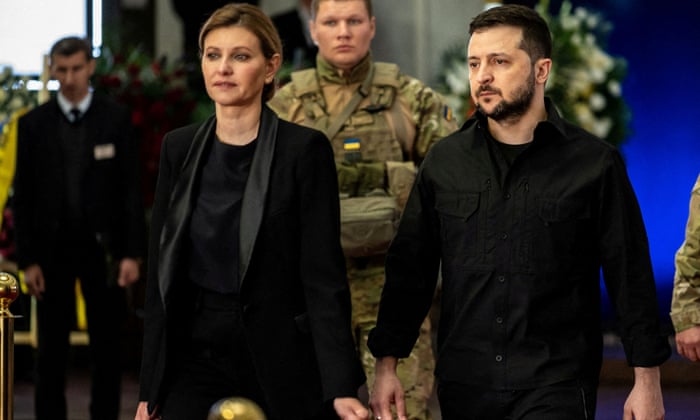 Ukraine’s first lady Olena Zelenska with her husband, President Volodymyr Zelenskiy, at the funeral of the first president of Ukraine, Leonid Kravchuk.