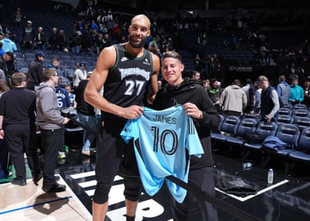 Rudy Gobert #27 of the Minnesota Timberwolves and James Rodríguez pose for a photo after the game between the Minnesota Timberwolves and the New Orleans Pelicans on February 6, 2026 at Target Center in Minneapolis, Minnesota.