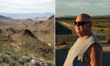 composite photo of mountain range on the left and man wearing sunglasses and grey top on the right