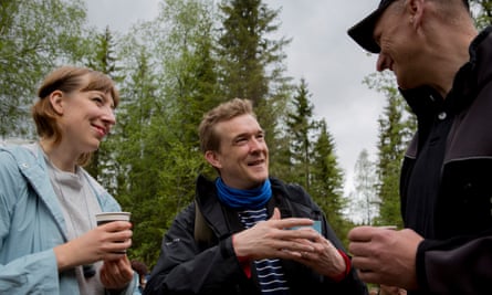 Future Library artist Katie Paterson, left, with author David Mitchell, in Nordmarka forest.