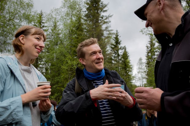 Katie Paterson, left, and David Mitchell, centre, visit the Nordmarka forest in Norway in May 2016.