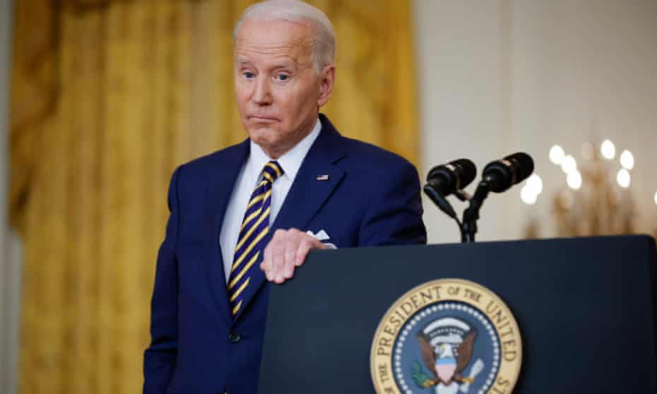 President Biden at the White House press podium during an extended press conference on Wednesday