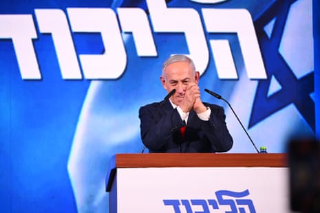 Benjamin Netanyahu speaks to supporters at the Likud Party election-night event in Jerusalem.