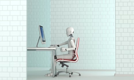 Robot working at desk, 3D RenderingH64CG5 Robot working at desk, 3D Rendering