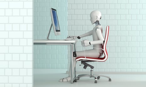 3D rendering of robot working at desk.